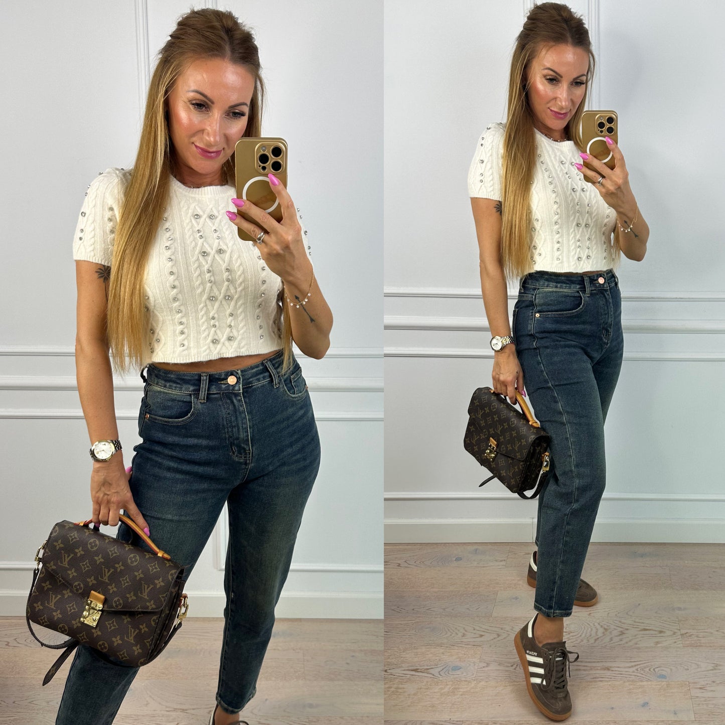 Sweter z cyrkoniami LEVON / KREMOWY