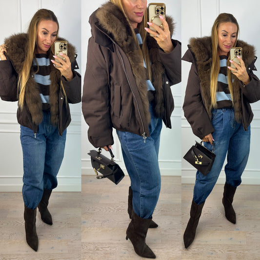 Puchowa parka z lisem CAMILLA / CZEKOLADOWA