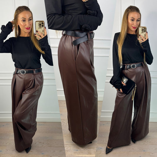 Spodnie WIDE LEG z eko skóry STUDIO / BRĄZOWE