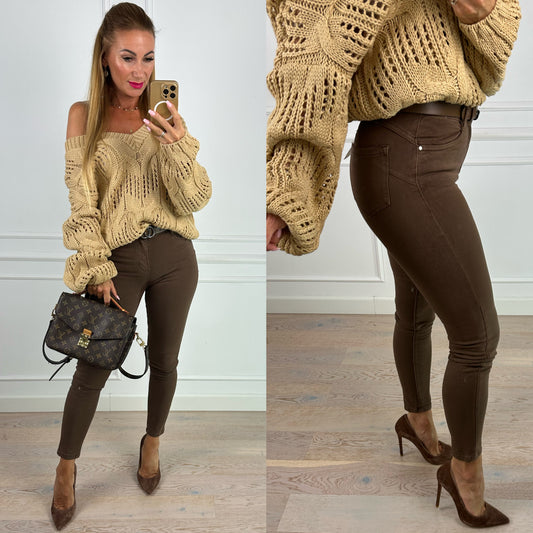 Spodnie CRISY SUPER HIGH STRETCH / PUSH-UP / CZEKOLADOWE