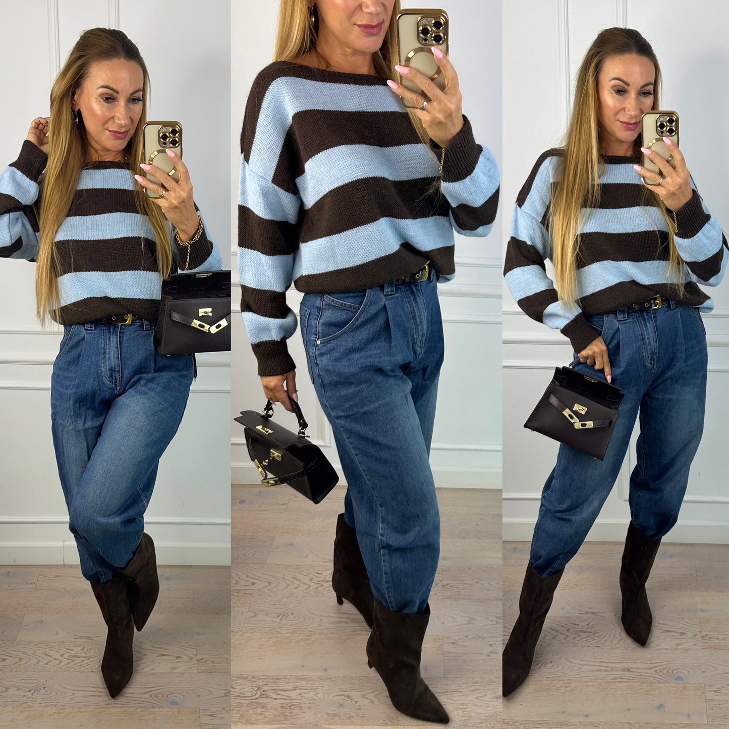 Sweter w pasy VESS / CZEKOLADOWO-NIEBIESKI