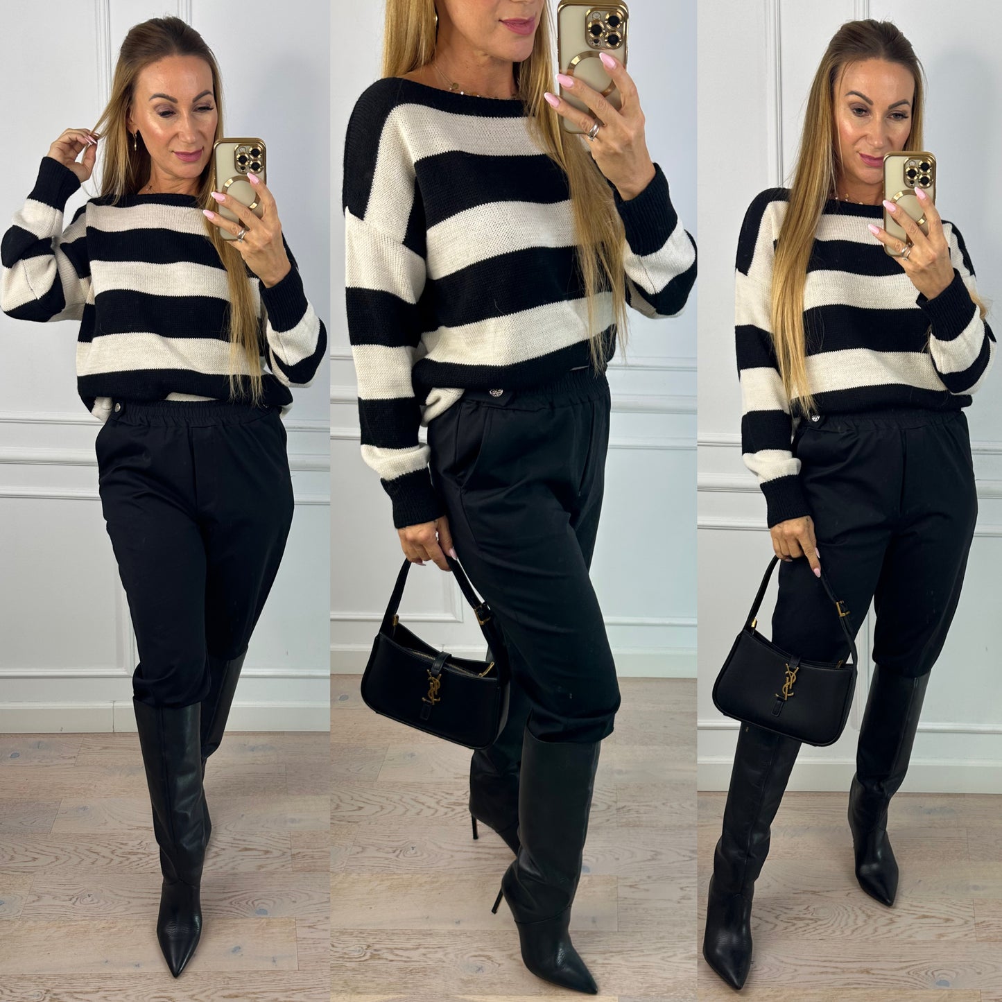 Sweter w pasy VESS / CZARNO-KREMOWY