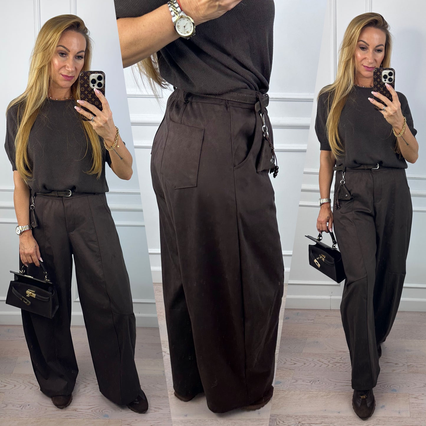 Spodnie ze eko zamszu VIGGI / CZEKOLADOWE
