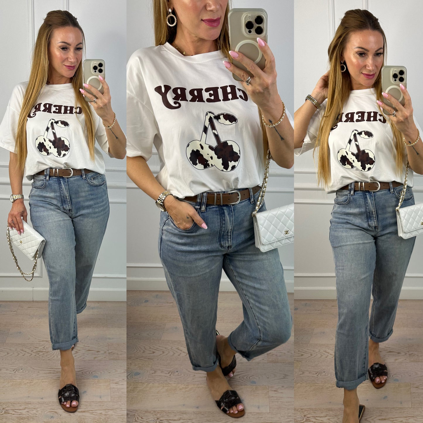 Bawełniany T-shirt CHERRY / ŚMIETANKOWO-CZEKOLADOWY