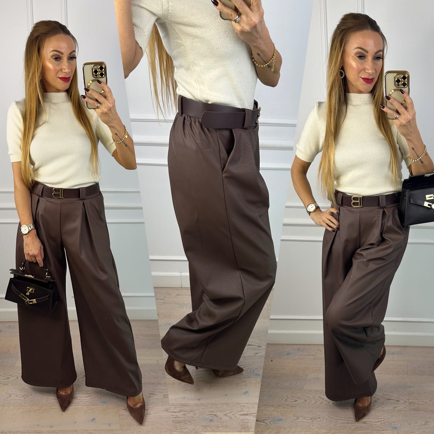 Spodnie z eko skóry WIDE LEG MIRIEL / CZEKOLADOWE