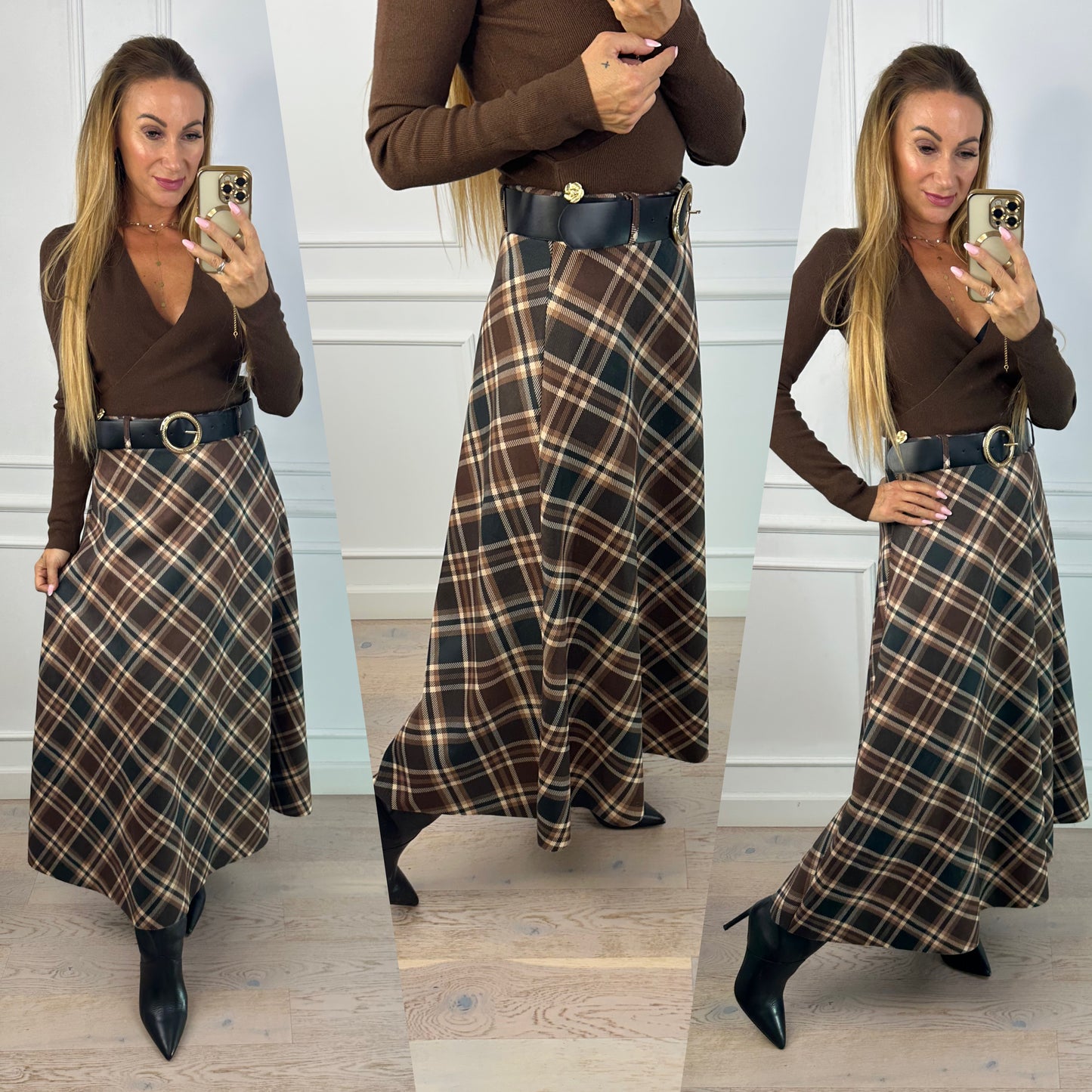 Spódnica w kratę HAZEL / CZEKOLADOWA