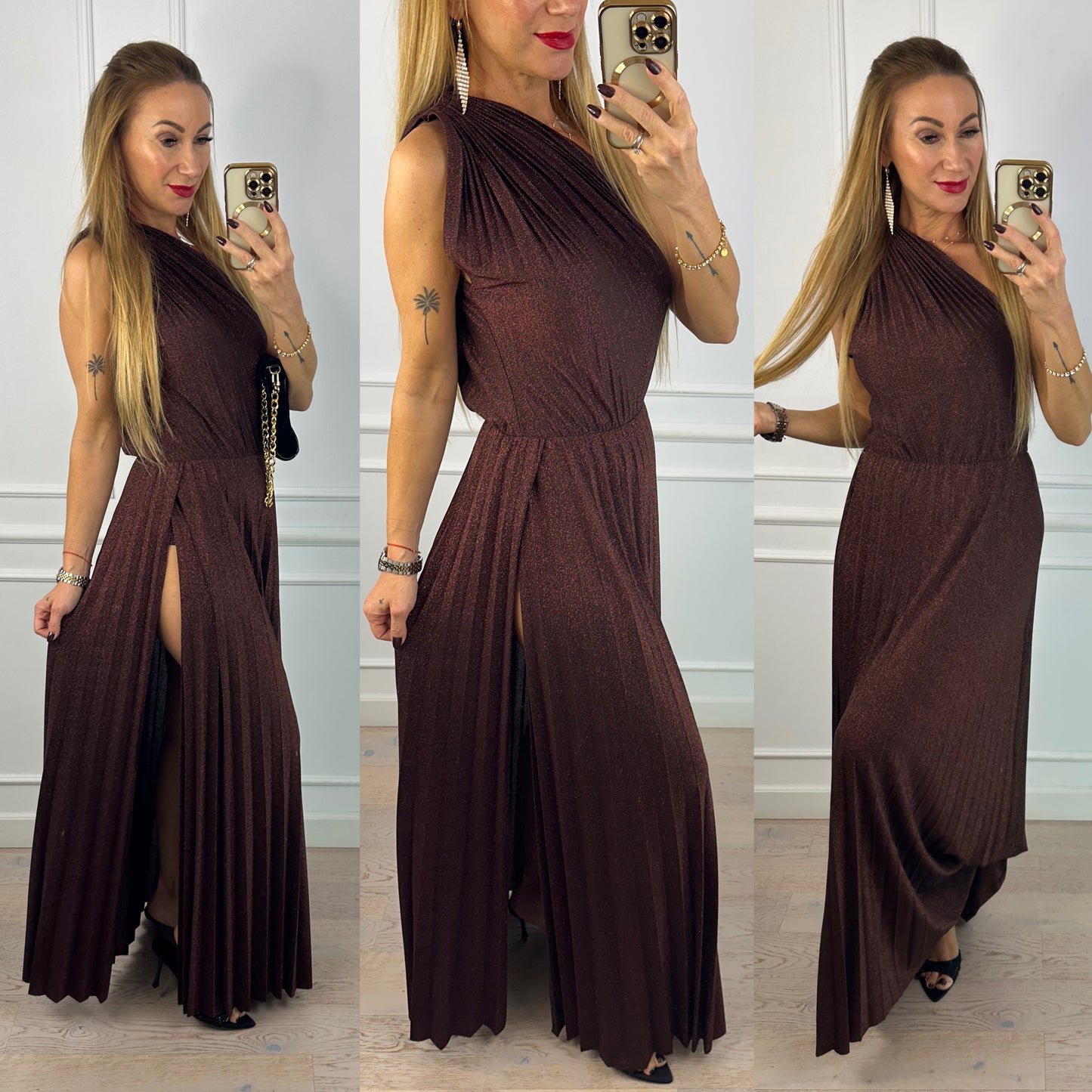 Błyszcząca sukienka CAMELIA / CZEKOLADOWA