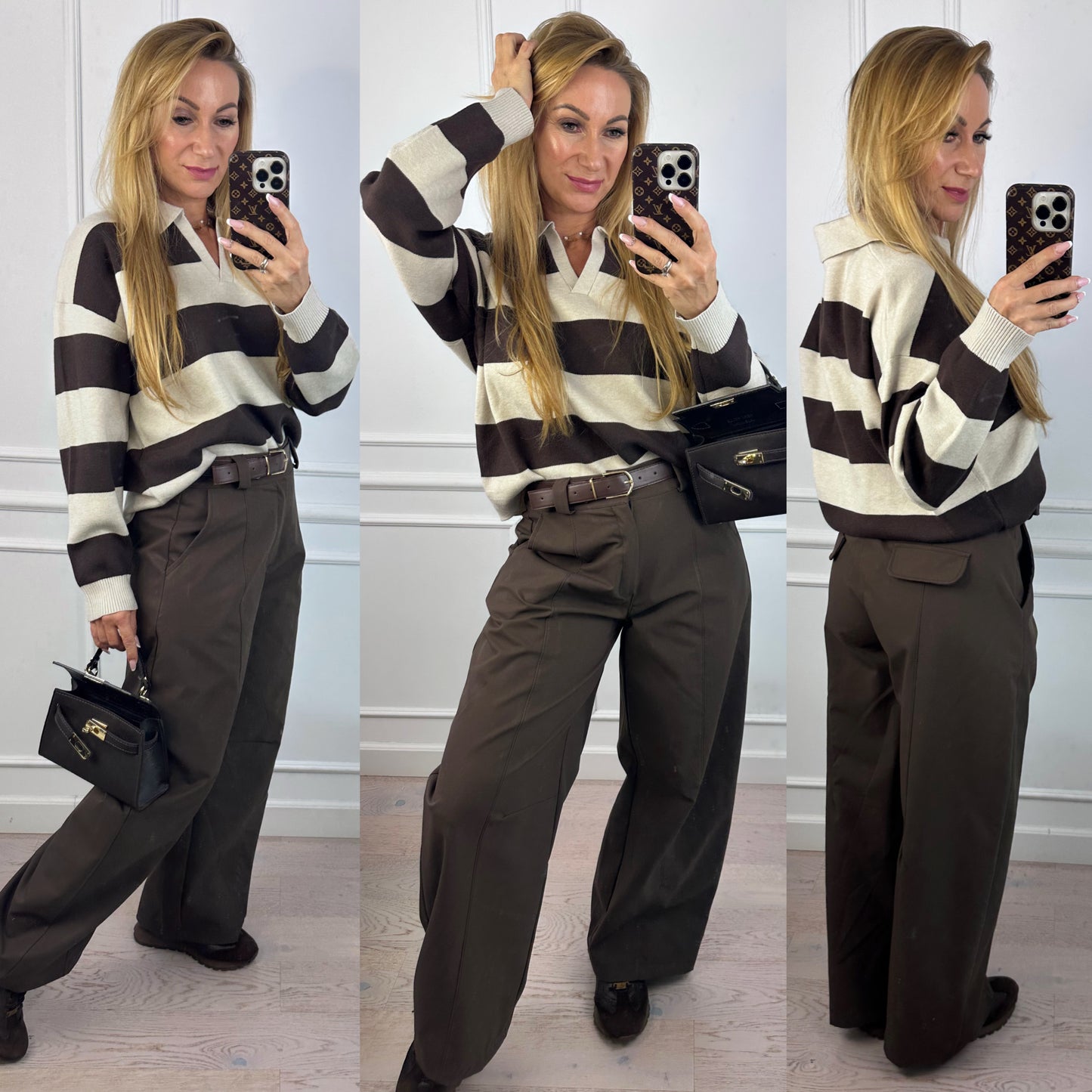 Sweter w pasy z wiskozą JOLAN / CZEKOLADOWY