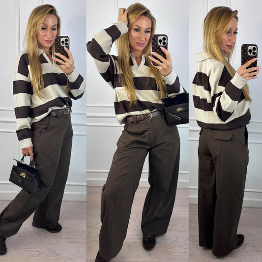 Sweter w pasy z wiskozą JOLAN / CZEKOLADOWY