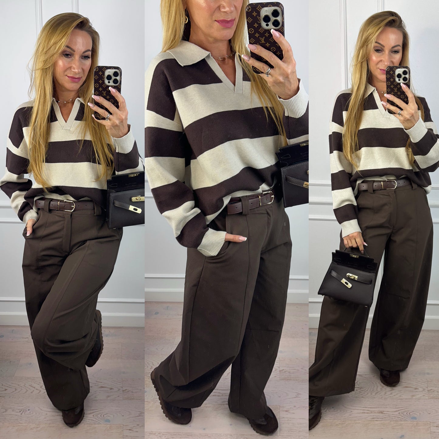 Sweter w pasy z wiskozą JOLAN / CZEKOLADOWY