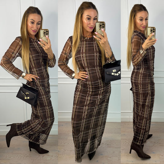 Sukienka w kratę ELEANOR / CZEKOLADOWO-ZIELONA