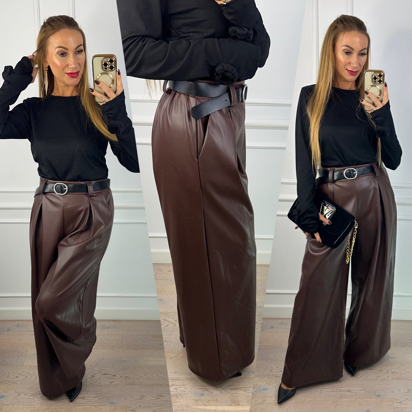 Spodnie WIDE LEG z eko skóry STUDIO / BRĄZOWE