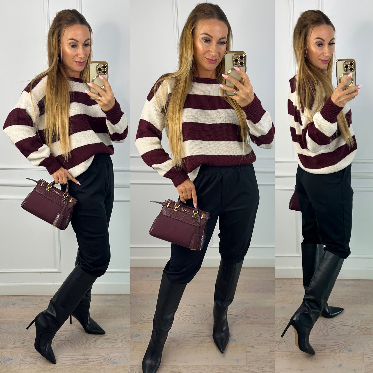 Sweter w pasy VESS / BURGUNDOWO-KREMOWY