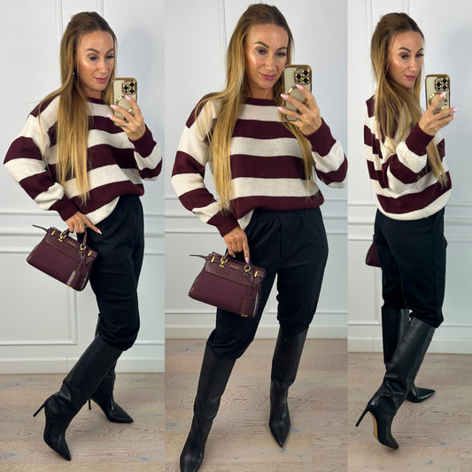 Sweter w pasy VESS / BURGUNDOWO-KREMOWY