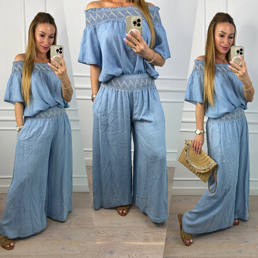 Spodnie z lekkiego jeansu WIDE LEG LOE / NIEBIESKIE