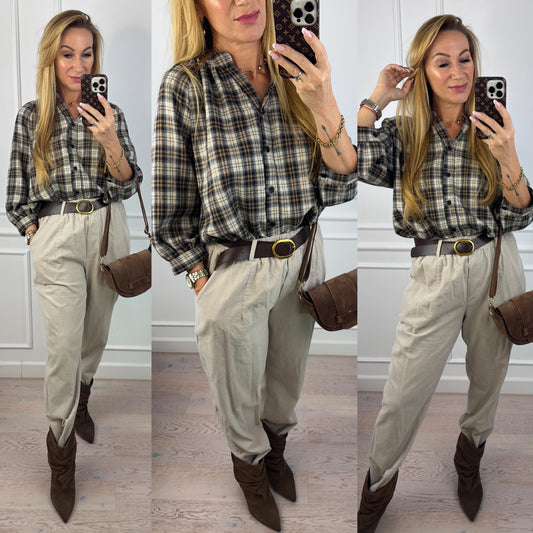 Bluzka w kratę ARLENE / GRAFITOWO-BEŻOWA