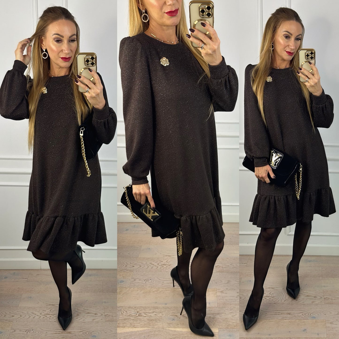 Sukienka z błyszczącą nitką NASTAJA / CZEKOLADOWA