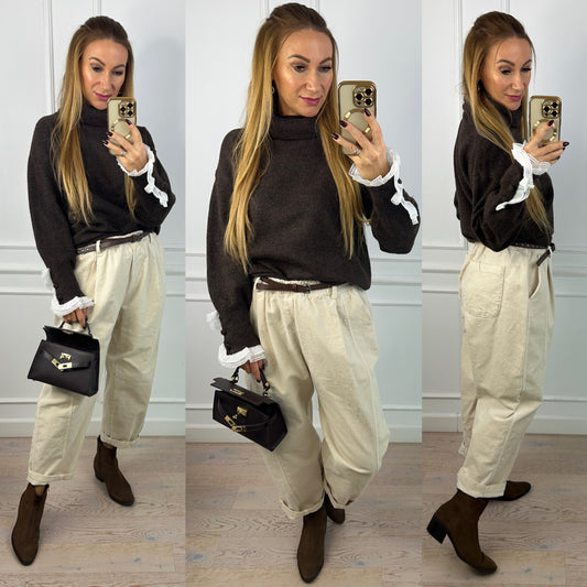 Sweter z wełną i wiskozą MAORO / CZEKOLADOWY