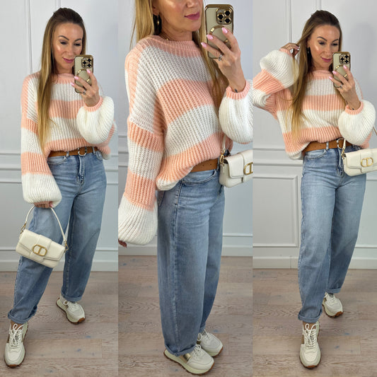 Sweter z wełną i moherem MILEY / BRZOSKWINOWO-ŚMIETANKOWY