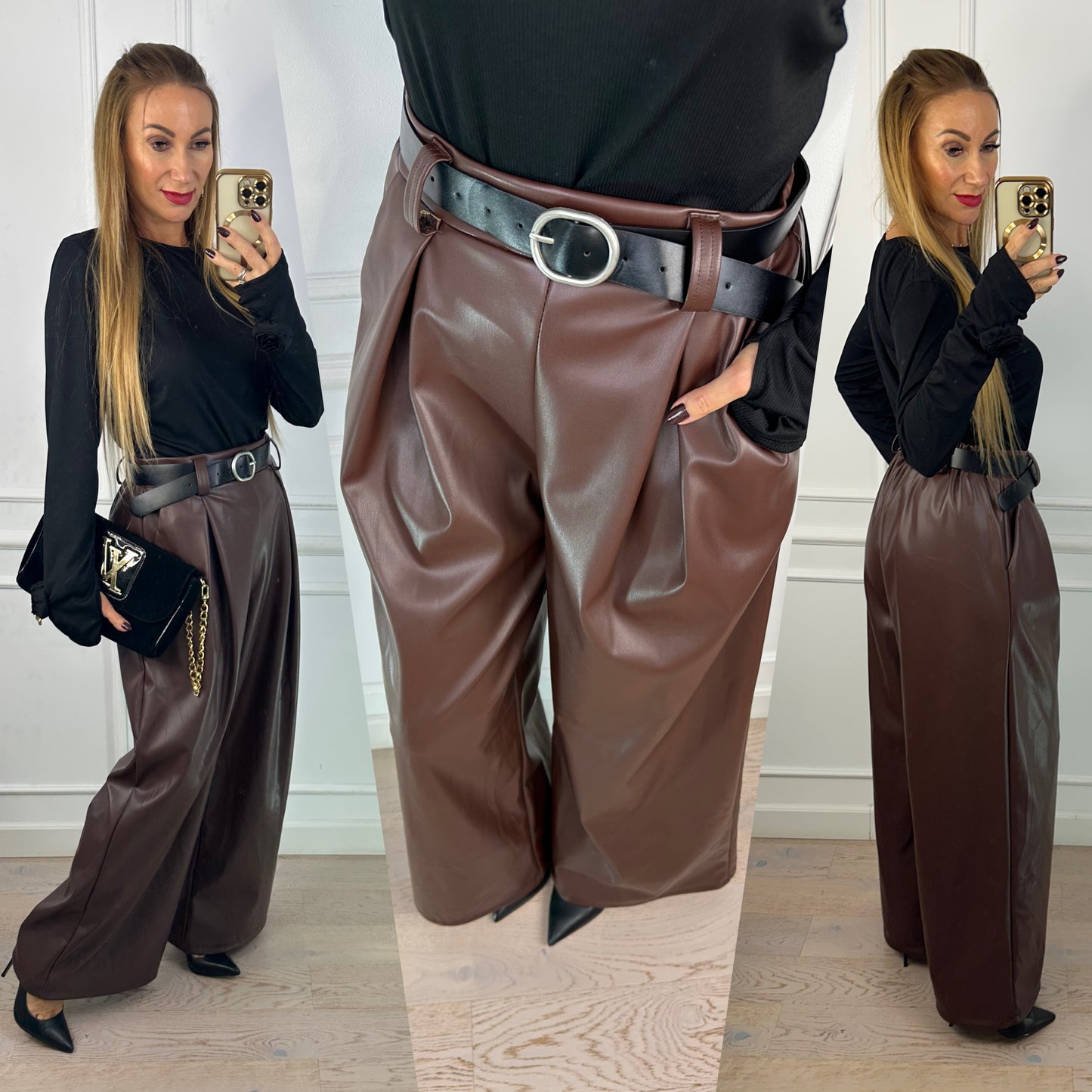 Spodnie WIDE LEG z eko skóry STUDIO / BRĄZOWE