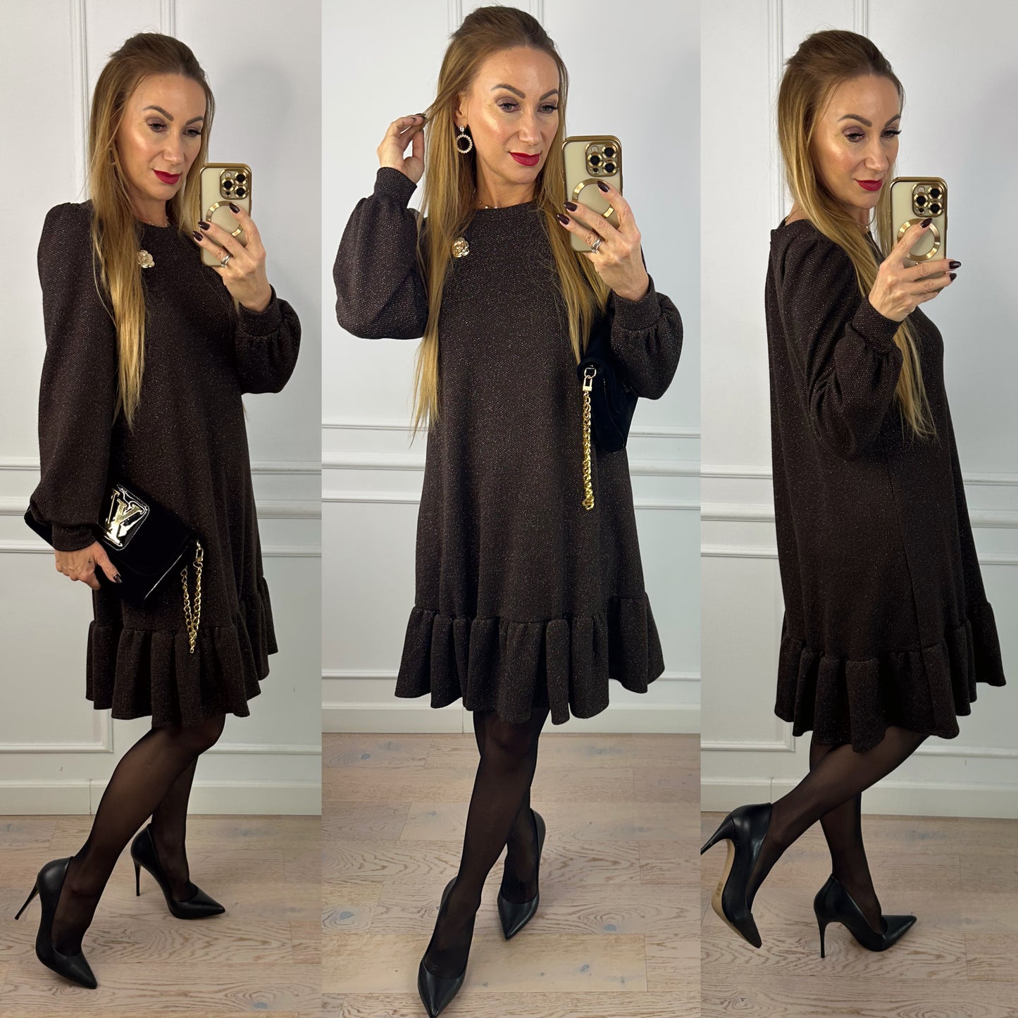 Sukienka z błyszczącą nitką NASTAJA / CZEKOLADOWA