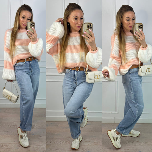 Sweter z wełną i moherem MILEY / BRZOSKWINOWO-ŚMIETANKOWY