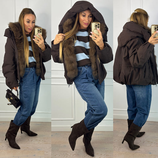 Puchowa parka z lisem CAMILLA / CZEKOLADOWA