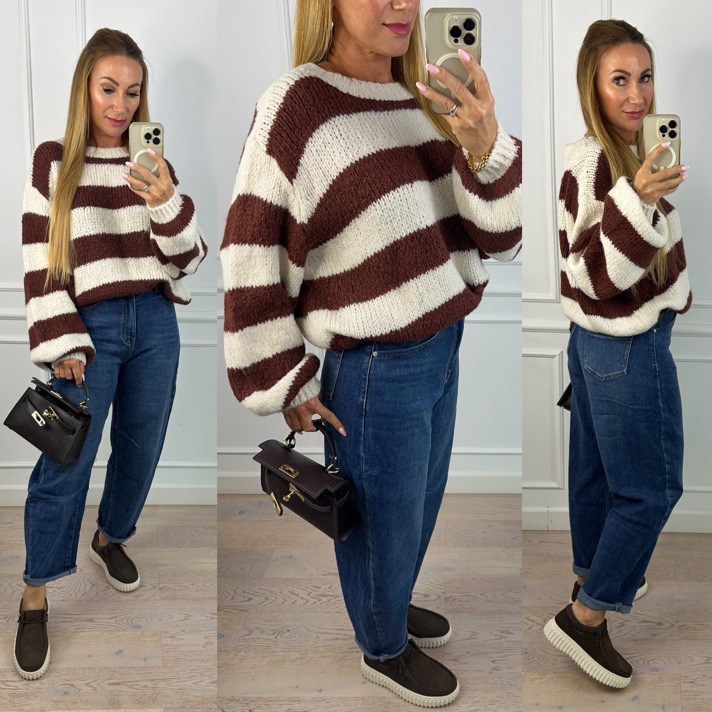 Sweter w pasy JAZZI / KREMOWO-BRĄZOWY