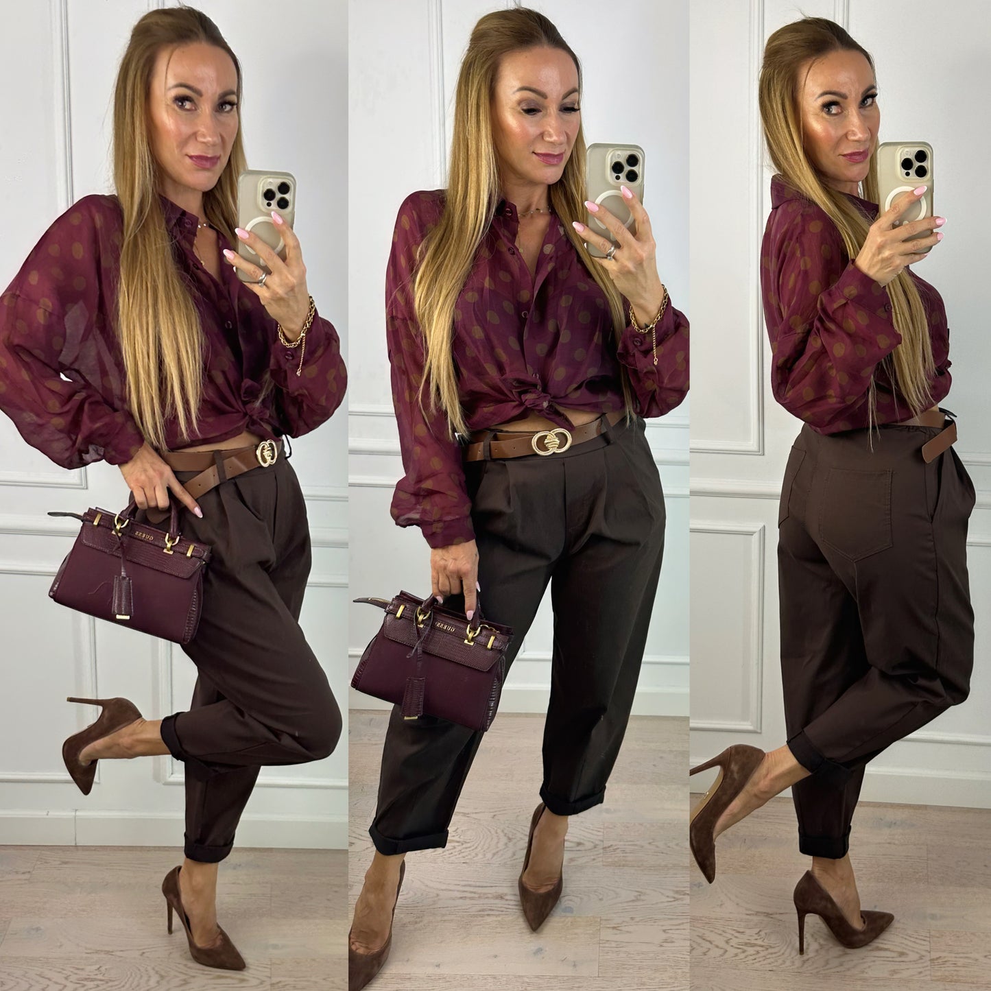 Koszula w groszki FEEONA / BORDOWO-BRĄZOWA