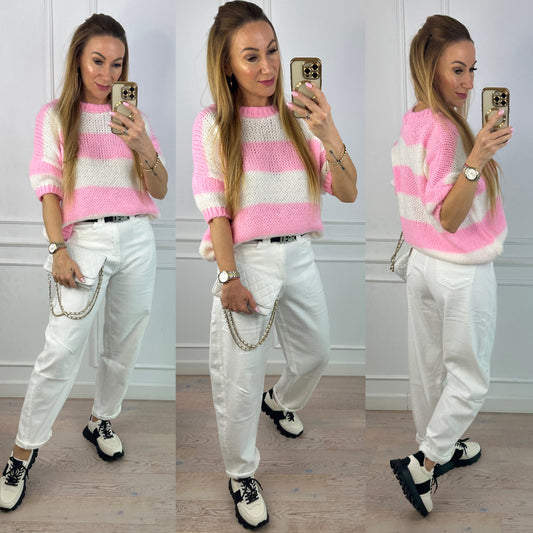 Sweter z moherem INDRA / RÓŻOWO-ŚMIETANKOWY