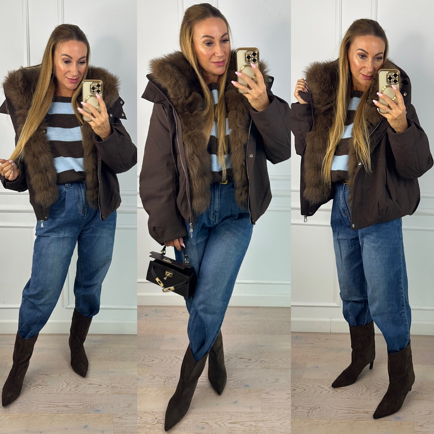 Puchowa parka z lisem CAMILLA / CZEKOLADOWA