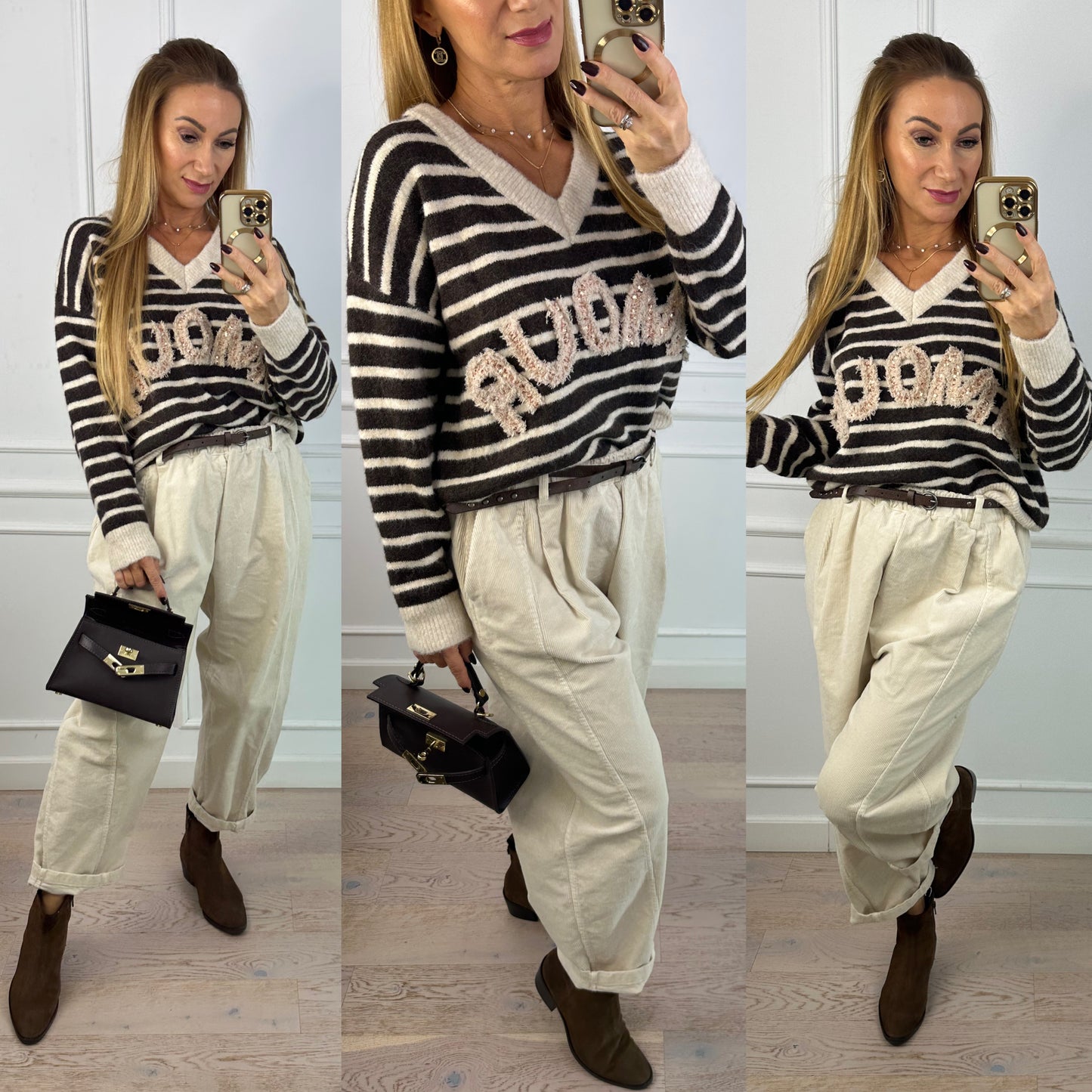 Sweter z wełną i wiskozą AMOUR / CZEKOLADOWO-BEŻOWY