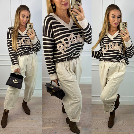 Sweter z wełną i wiskozą AMOUR / CZEKOLADOWO-BEŻOWY