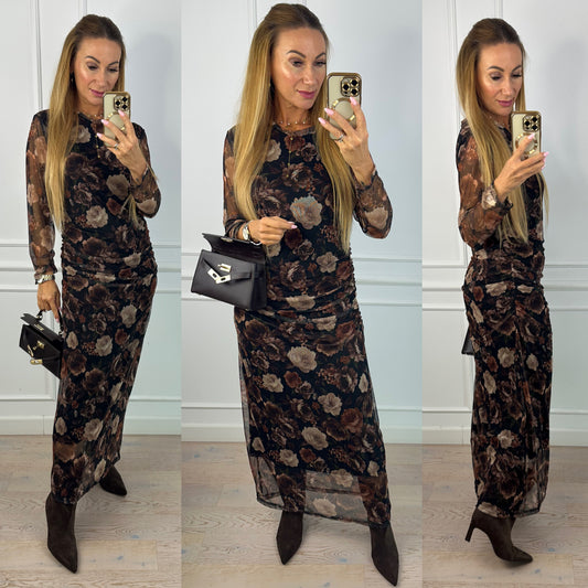 Sukienka w kwiaty ELEANOR / BRĄZOWO-CZARNA