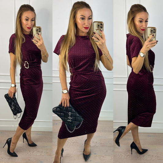 Welurowa sukienka z błyszczącymi dżetami SILVIA / BORDOWA