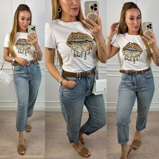 T-shirt GOLD LIPS / BIAŁY