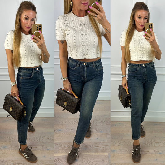 Sweter z cyrkoniami LEVON / KREMOWY