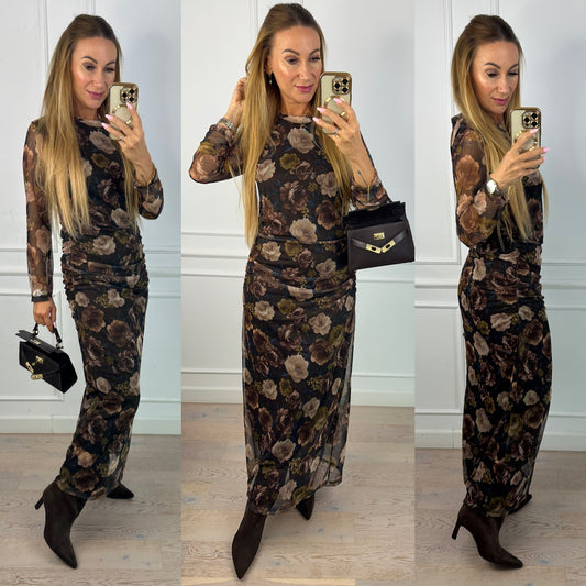 Sukienka w kwiaty ELEANOR / CZEKOLADOWO-ZIELONA