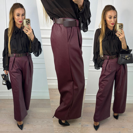 Spodnie z eko skóry WIDE LEG MIRIEL / BURGUNDOWE