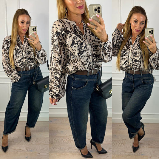 Bluzka z bawełny CATHIA / BEŻOWO-CZARNA