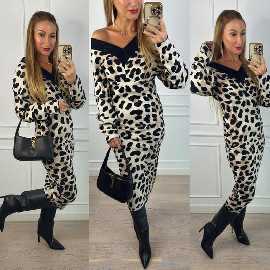 Dzianinowa sukienka ILETTA / BEŻOWO-CZARNA