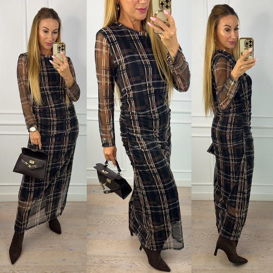 Sukienka w kratę ELEANOR / CZARNO-BRĄZOWA