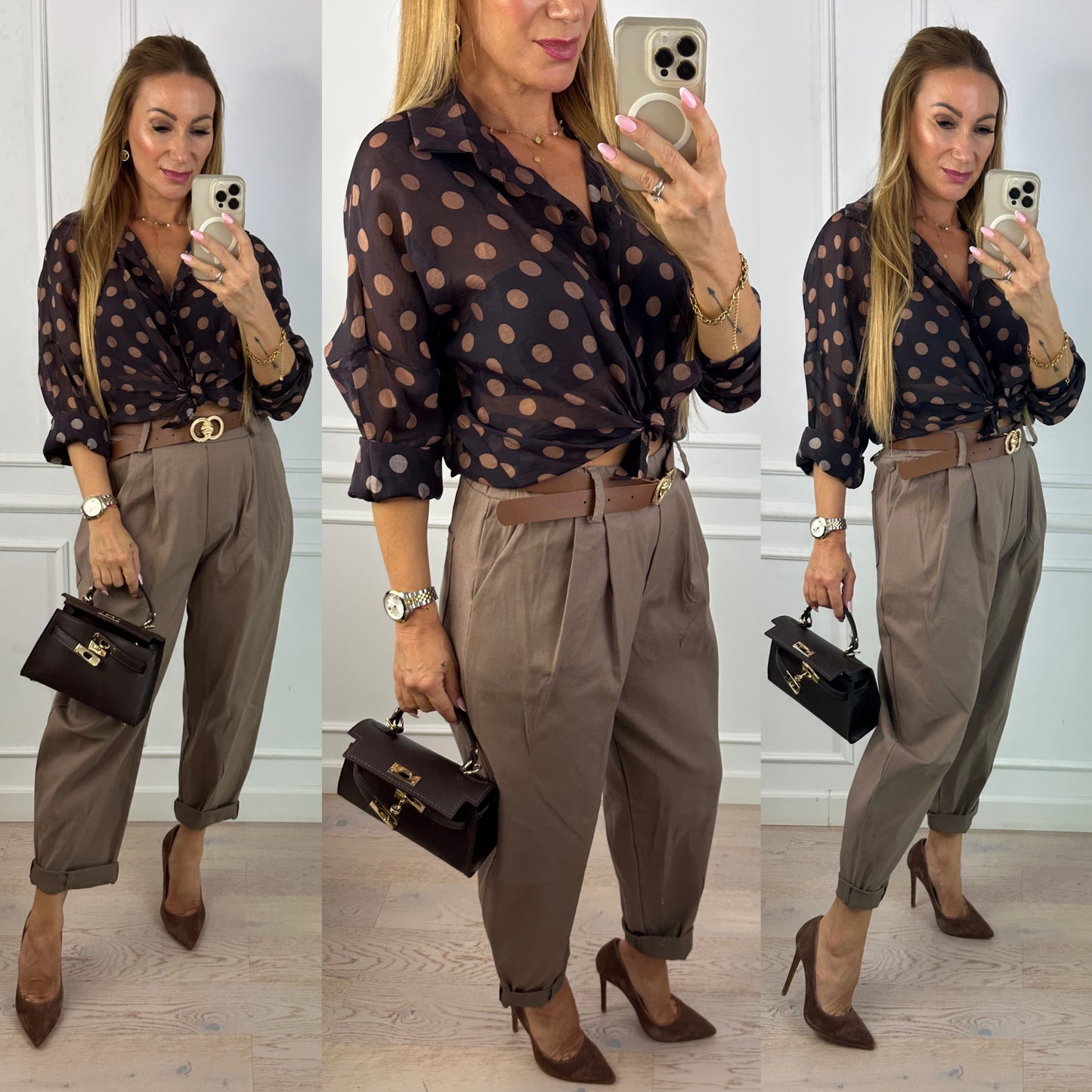 Koszula w groszki FEEONA / OBERŻYNOWO-BEŻOWA