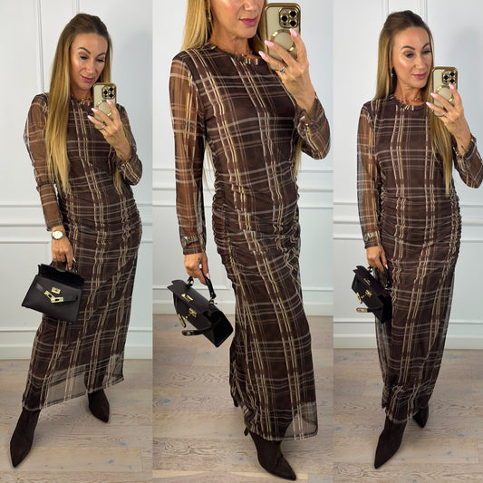 Sukienka w kratę ELEANOR / CZEKOLADOWO-ZIELONA