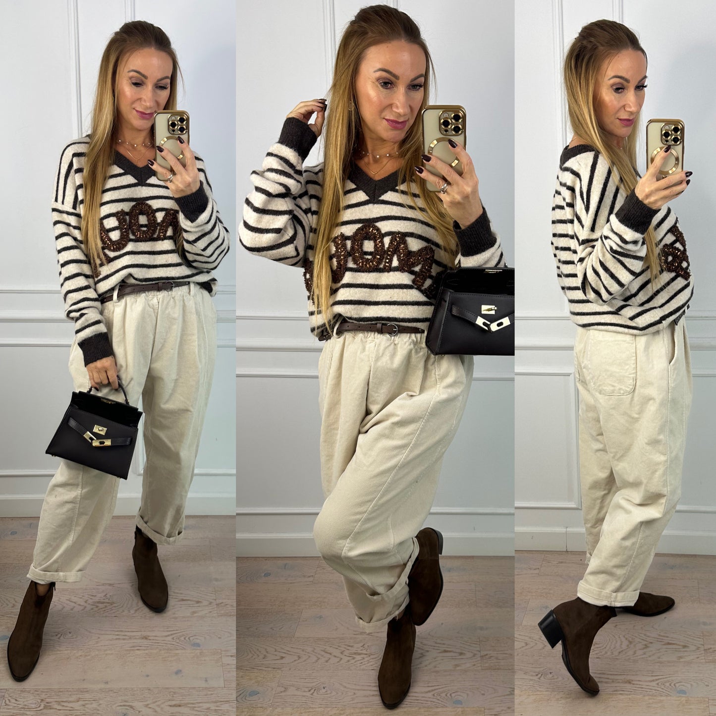 Sweter z wełną i wiskozą AMOUR / BEŻOWO-CZEKOLADOWY