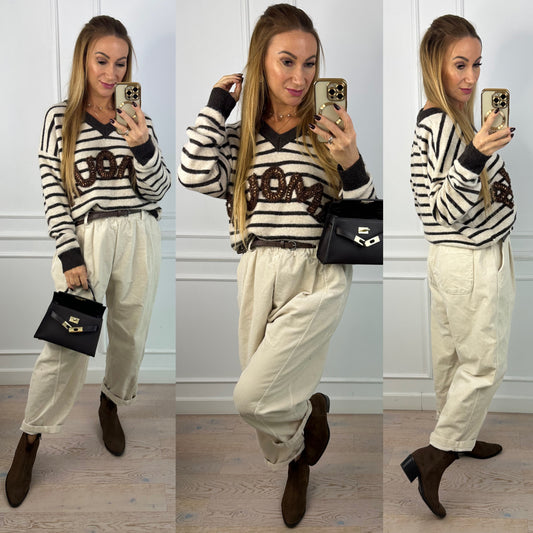 Sweter z wełną i wiskozą AMOUR / BEŻOWO-CZEKOLADOWY