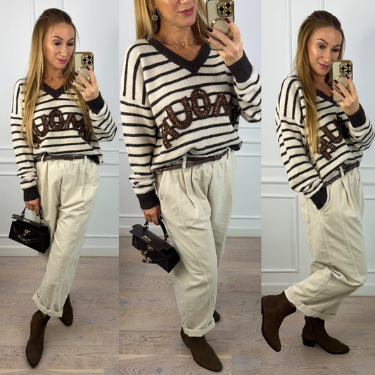 Sweter z wełną i wiskozą AMOUR / BEŻOWO-CZEKOLADOWY