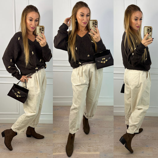 Sweter z wełną i wiskozą DEVORE / CZEKOLADOWY