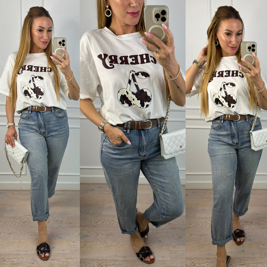 Bawełniany T-shirt CHERRY / ŚMIETANKOWO-CZEKOLADOWY