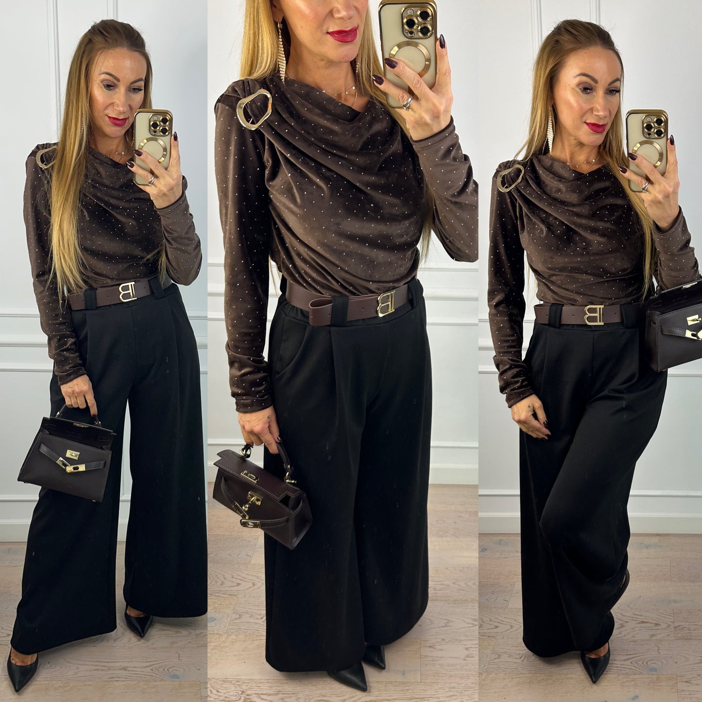 Welurowa bluzka z błyszczącymi dżetami BRUNA / CZEKOLADOWA